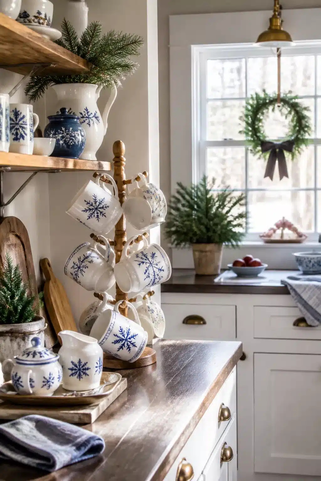 Blue and white snowflake mugs on a wooden mug tree — winter kitchen decor ideas with open shelving styling
