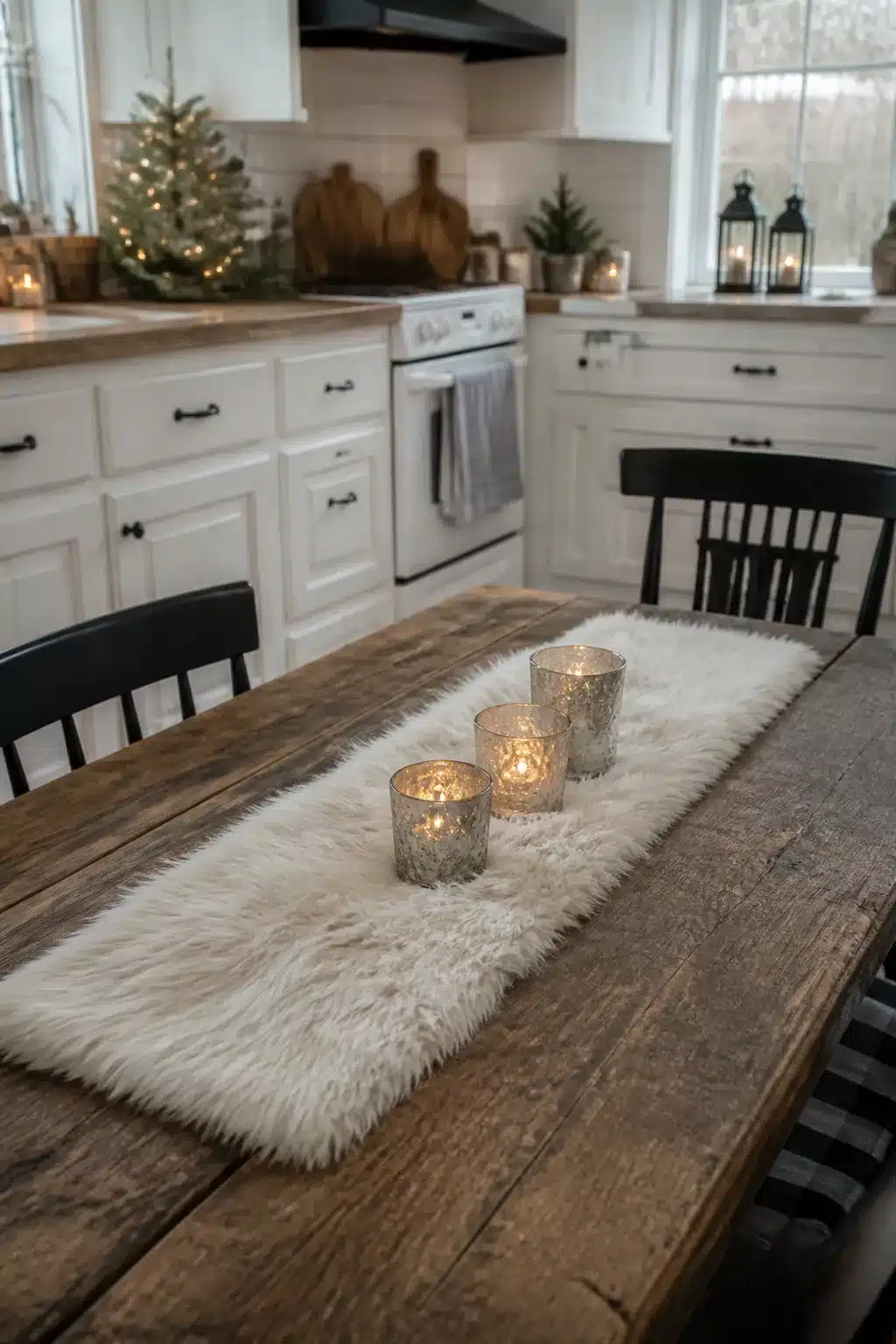 Faux fur table runner with mercury glass votives on a farmhouse table — Winter Kitchen Decor Ideas