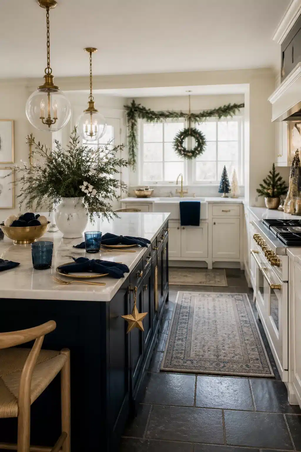 Navy kitchen island with brass star hardware and gold globe pendants — Winter Kitchen Decor Ideas