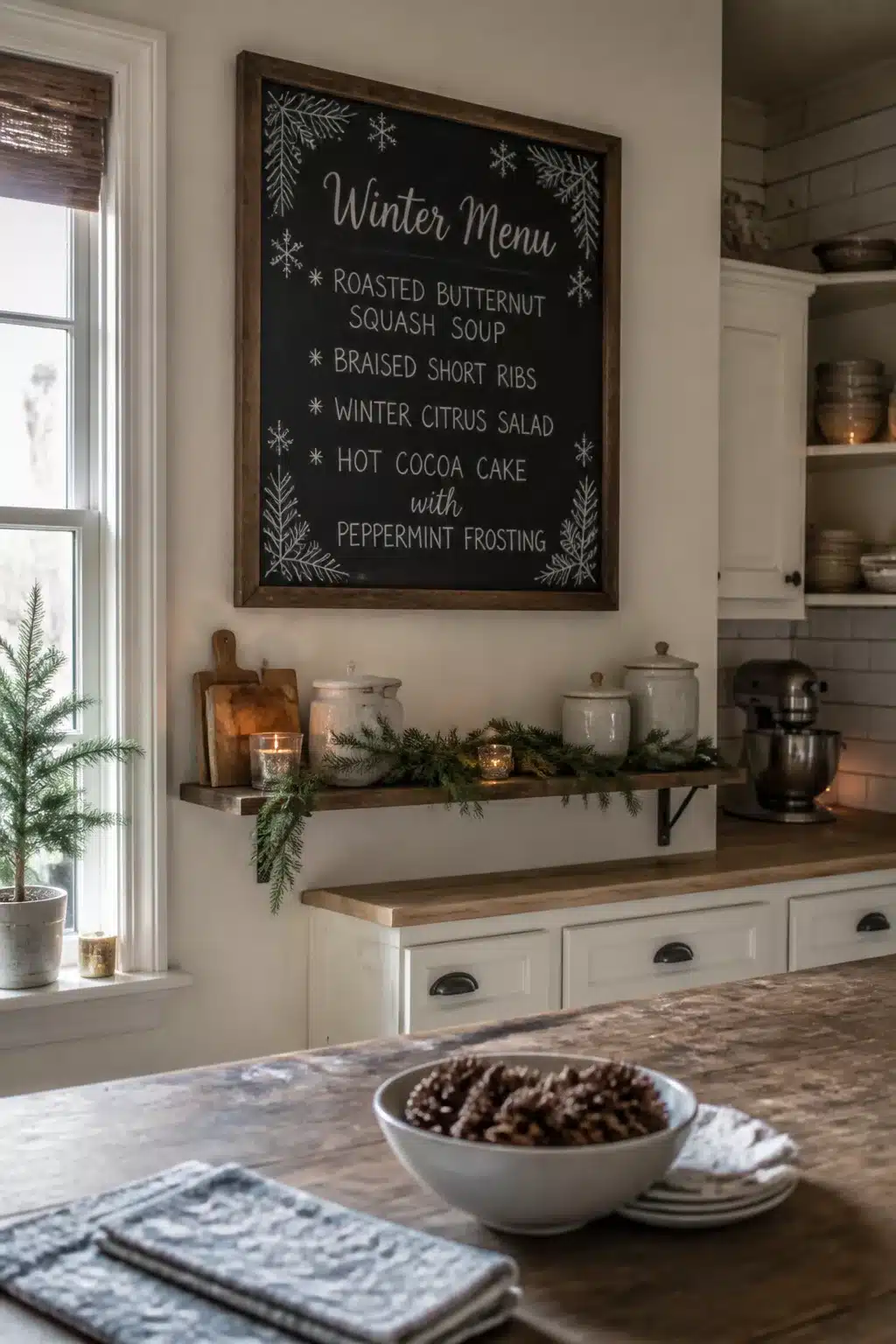 Winter kitchen decor ideas featuring a rustic wood-framed chalkboard menu sign with seasonal greenery and pinecones.