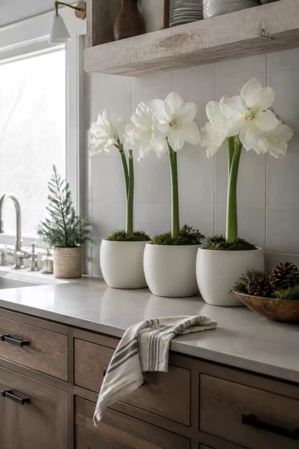 White amaryllis in ceramic pots on a wood and quartz kitchen counter — winter kitchen decor ideas