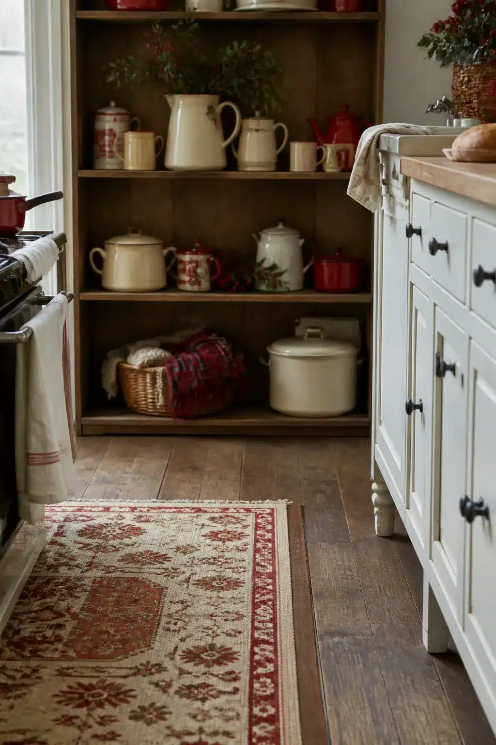 Red and cream enamelware on open wood shelves — Winter Kitchen Decor Ideas with vintage seasonal styling