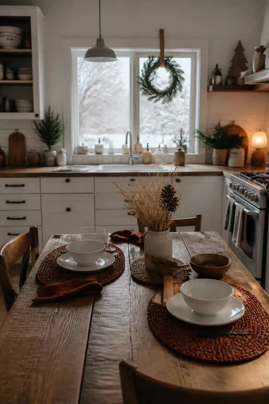 Rust woven rattan placemats on farmhouse table — winter kitchen decor ideas with dried grass centerpiece