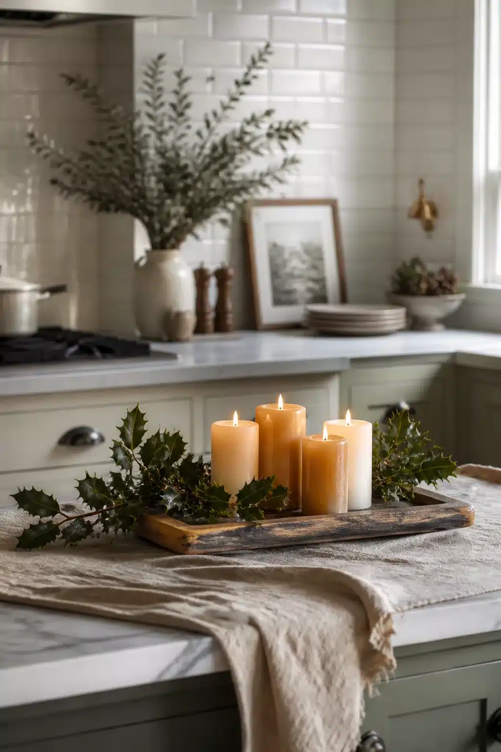 Beeswax pillar candles with holly on a reclaimed tray — winter kitchen decor ideas with sage green cabinets