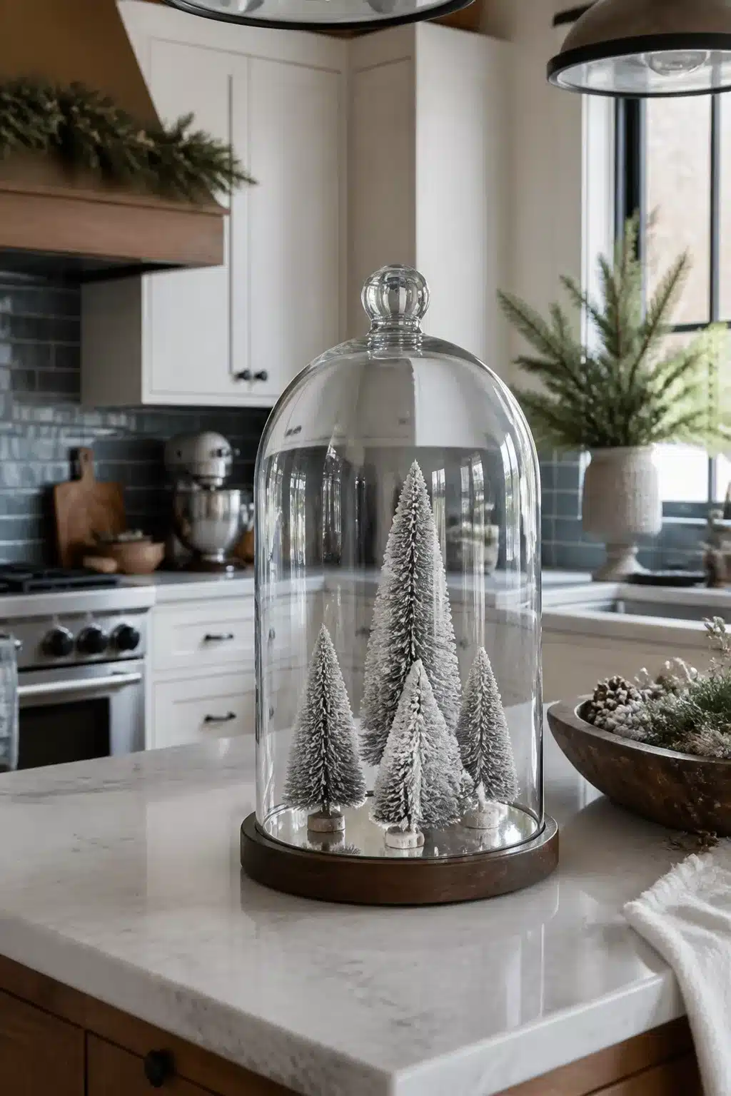 Glass cloche with frosted bottle brush trees on marble kitchen island — Winter Kitchen Decor Ideas