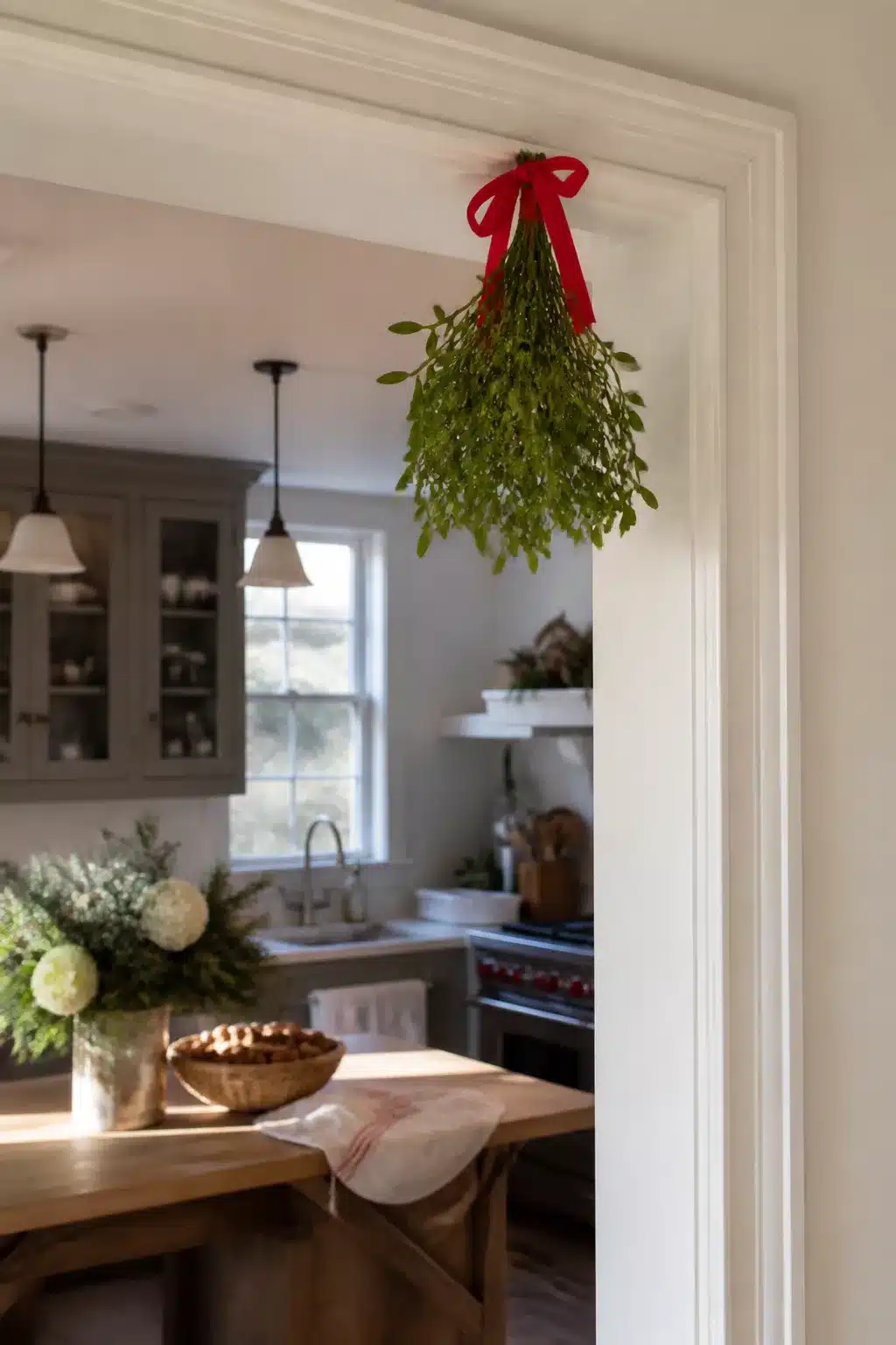 Mistletoe bundle with red ribbon hung in kitchen doorway — winter kitchen decor ideas with gray cabinets