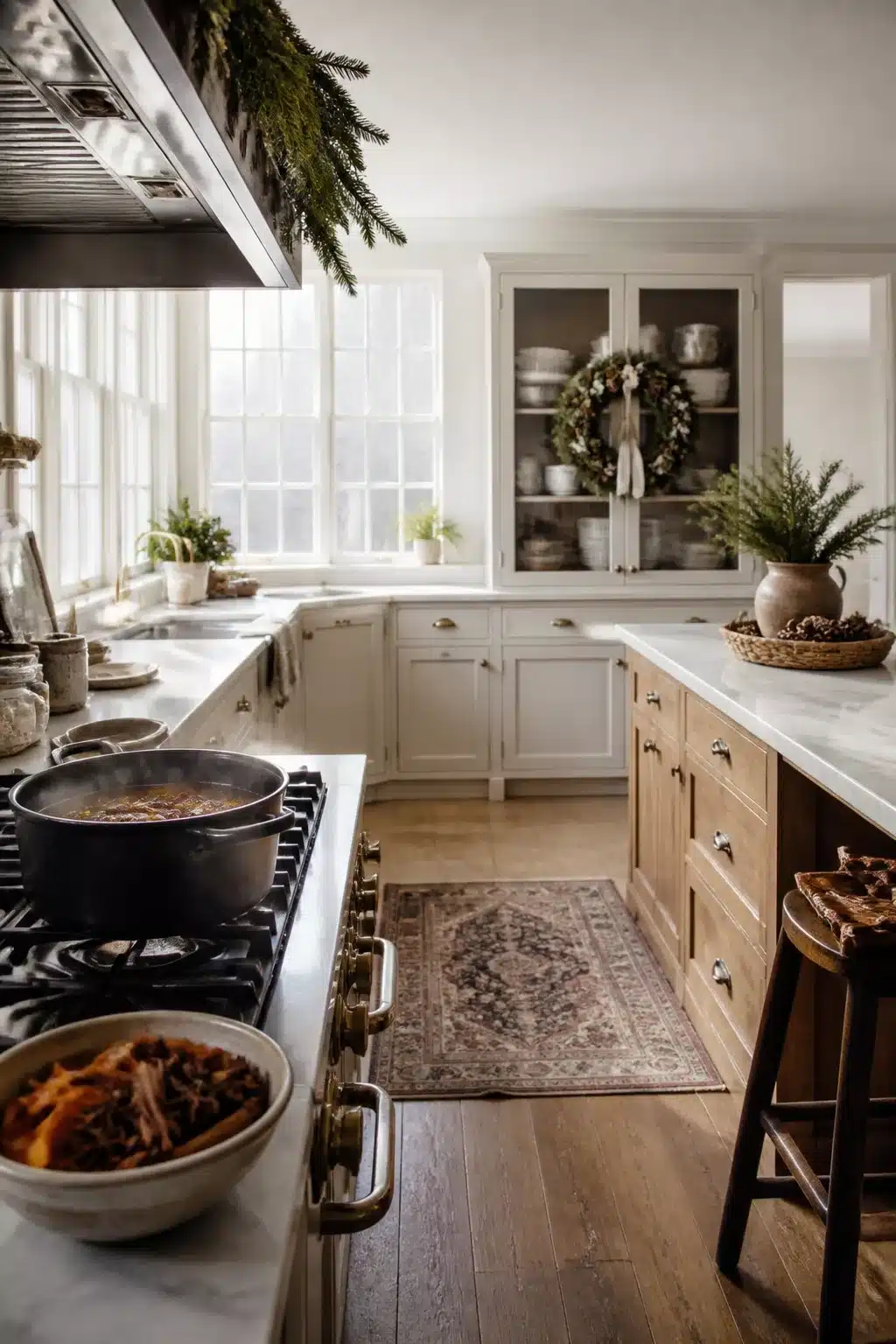 Simmering pot on gas range with winter wreath in glass cabinet — Winter Kitchen Decor Ideas
