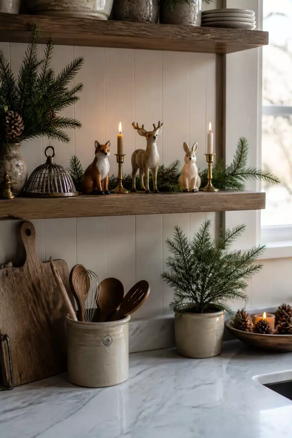 Woodland ceramic animals on rustic wood shelves with brass candles and pine sprigs — Winter Kitchen Decor Ideas