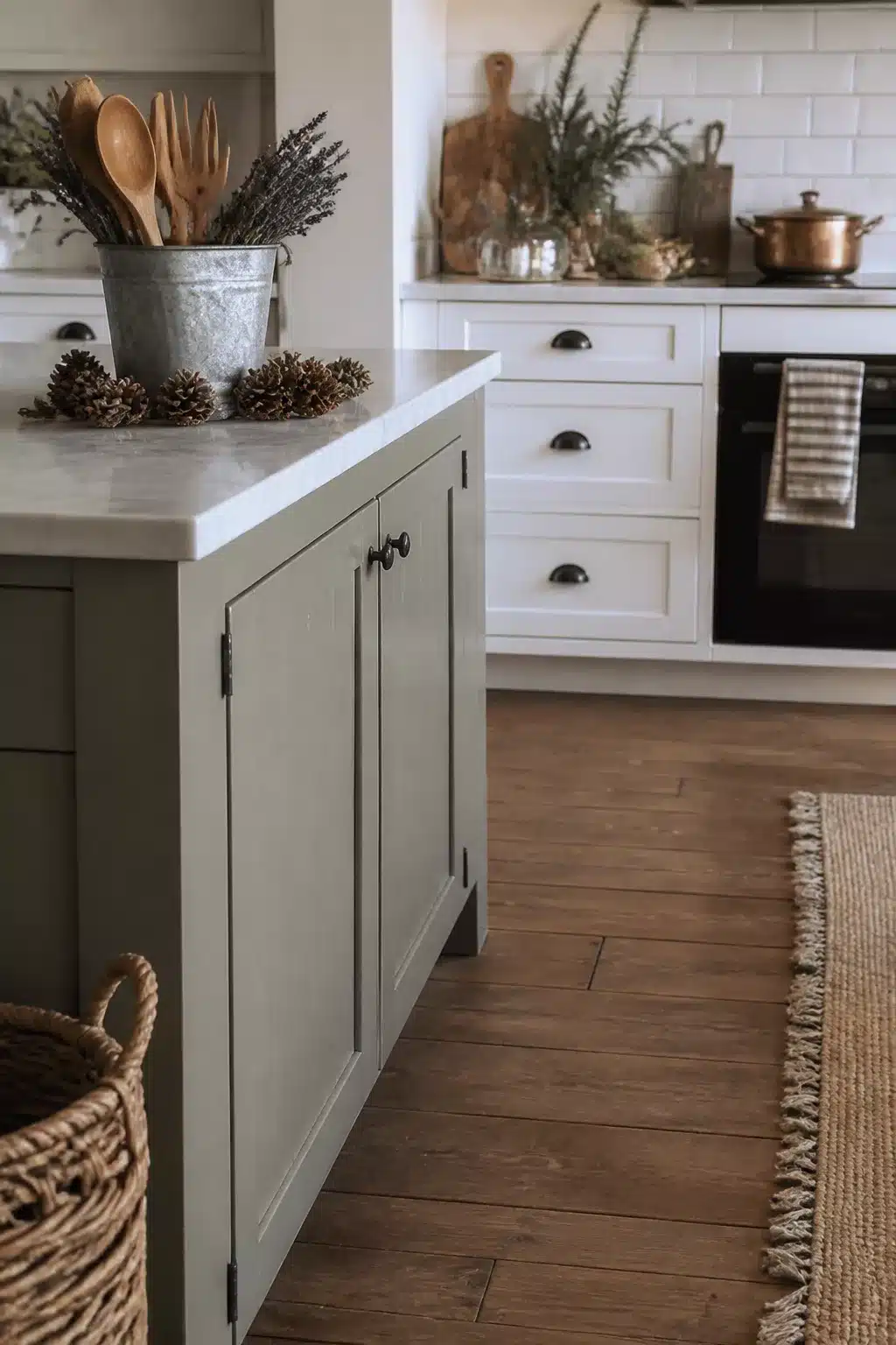 Galvanized bucket with wooden utensils and dried lavender on a sage green island — Winter Kitchen Decor Ideas