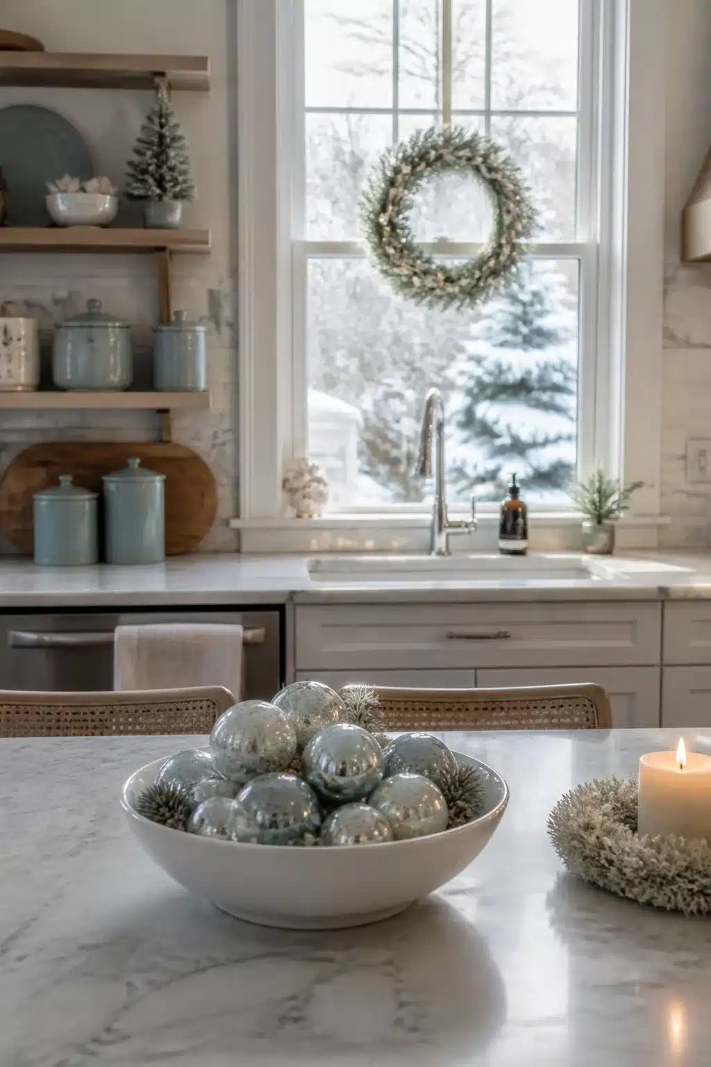 Ice blue canisters and silver ornament bowl styling — Winter Kitchen Decor Ideas with a cool, frosty palette