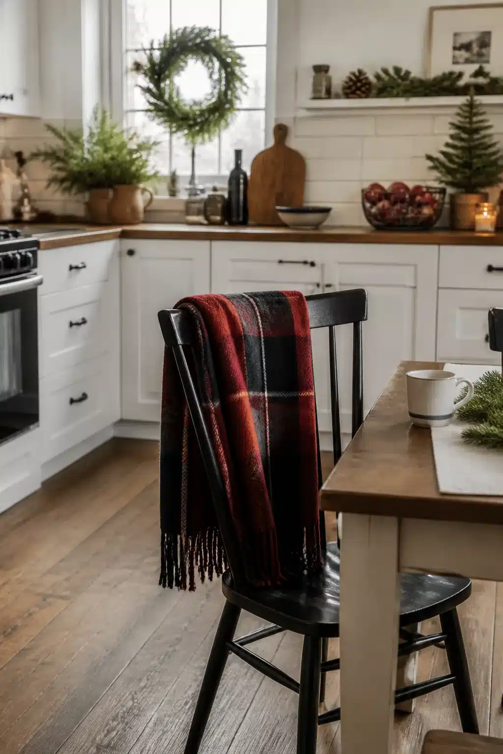 Red and black plaid throw on Windsor chair in a white farmhouse kitchen — Winter Kitchen Decor Ideas