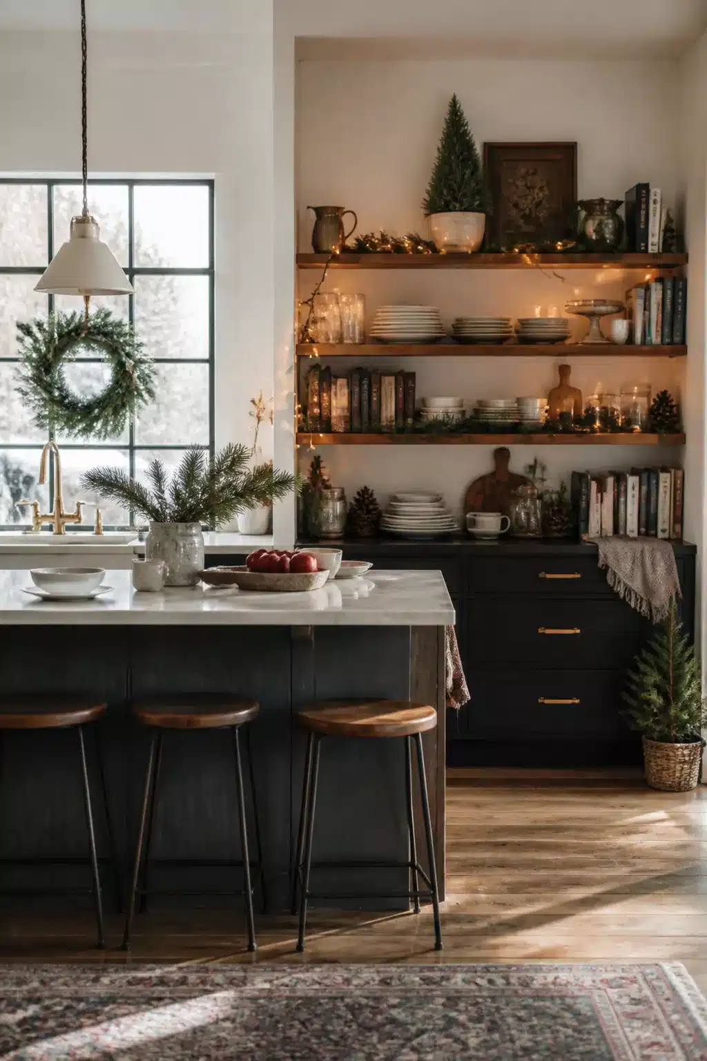 Warm string lights on open wood shelves with white dishes and books — winter kitchen decor ideas