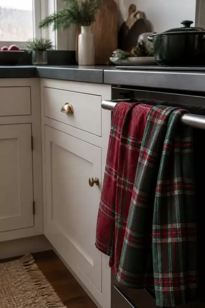 Red and green tartan dish towels on oven rail — Winter Kitchen Decor Ideas with cream shaker cabinets