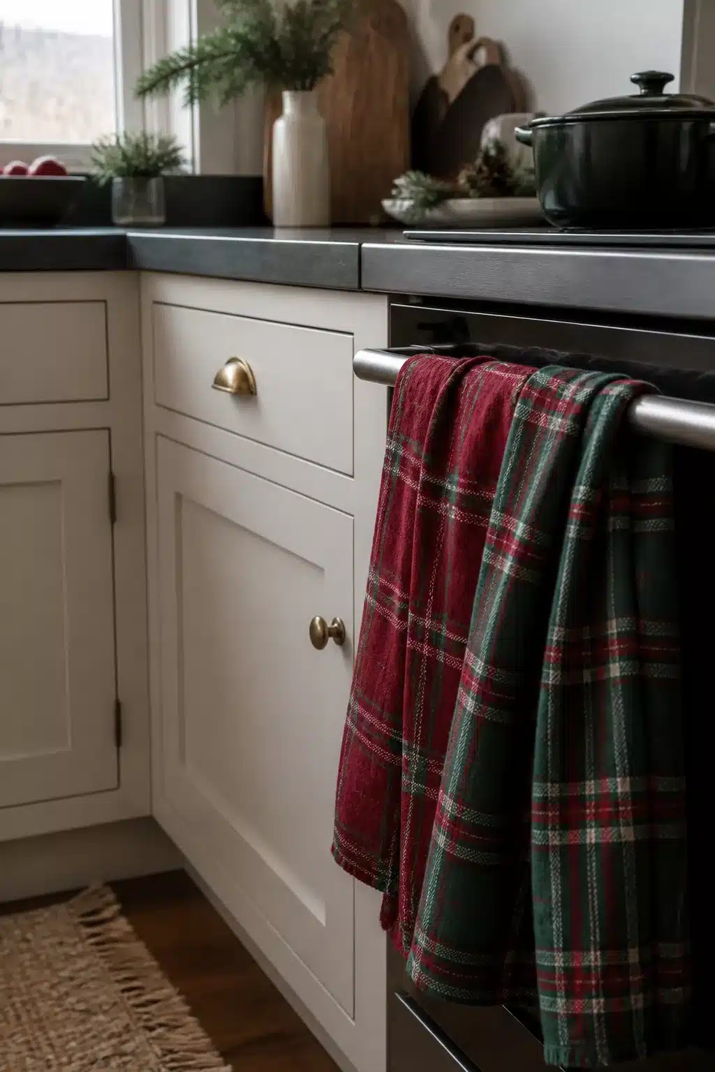 Red and green tartan dish towels on oven rail — Winter Kitchen Decor Ideas with cream shaker cabinets