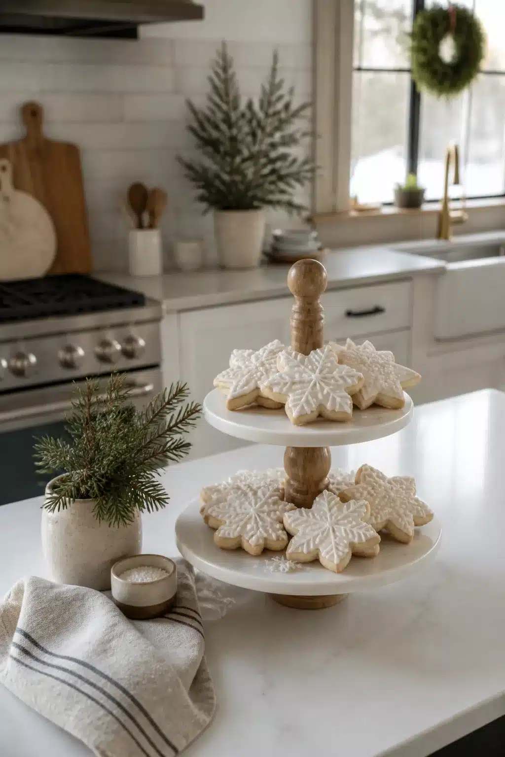 Marble tiered stand with snowflake iced cookies on a white kitchen island — Winter Kitchen Decor Ideas