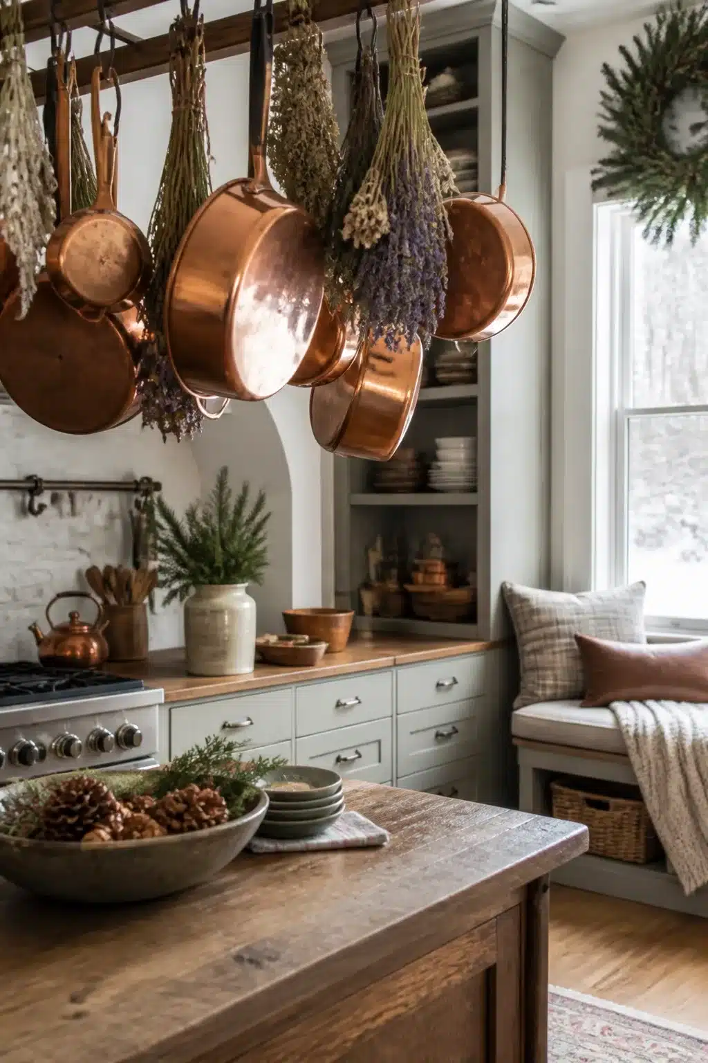 Copper pots and dried lavender hanging in a cozy winter kitchen — Winter Kitchen Decor Ideas with rustic seasonal styling