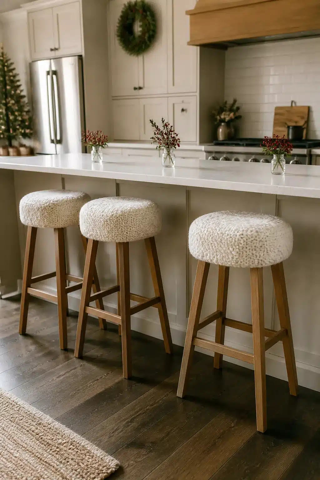 Shearling knit barstool covers at a white kitchen island — cozy winter kitchen decor ideas with berry stems and wreath