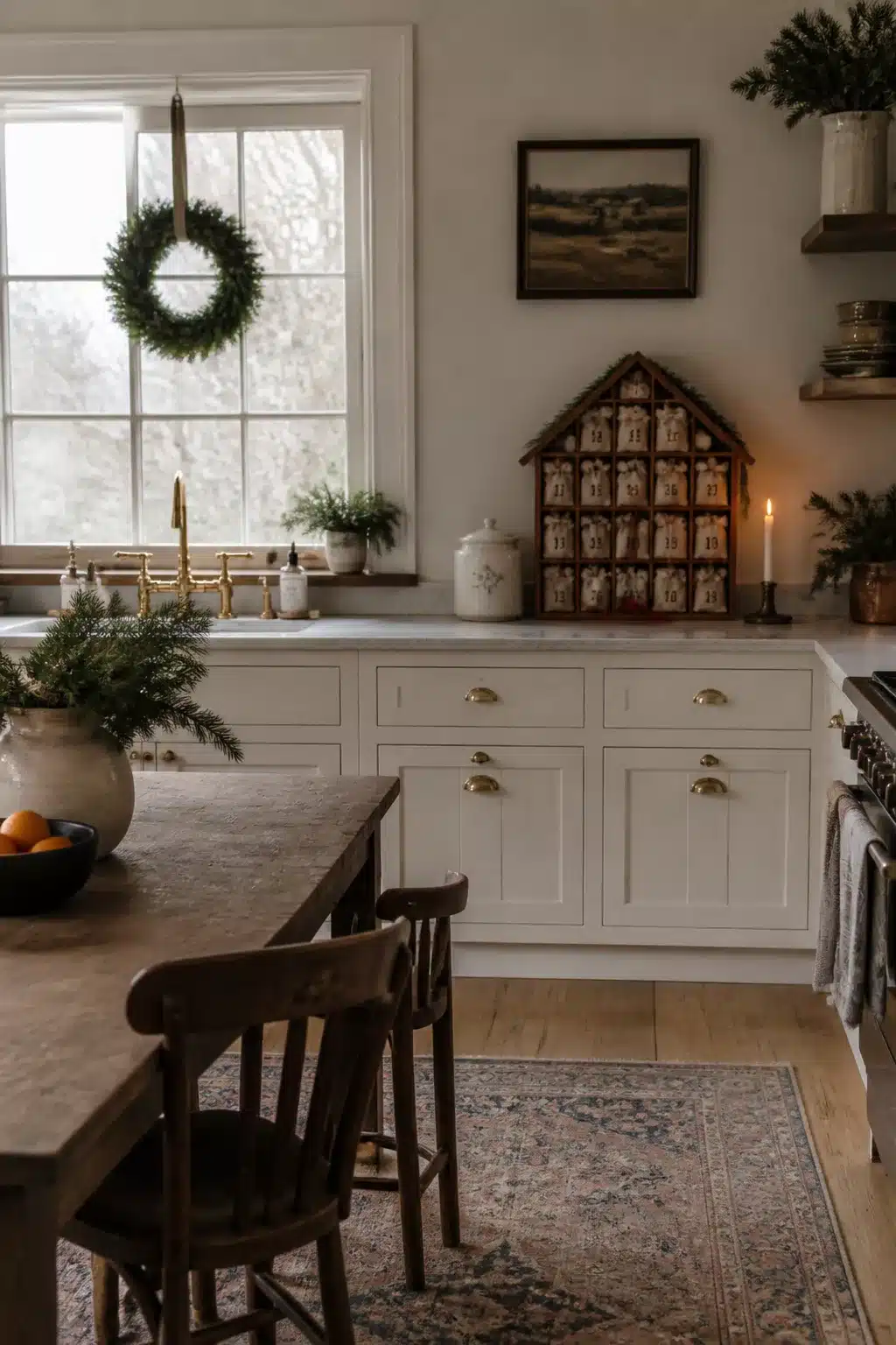 Rustic wooden advent calendar on white kitchen counter — Winter Kitchen Decor Ideas with brass hardware and evergreen accents