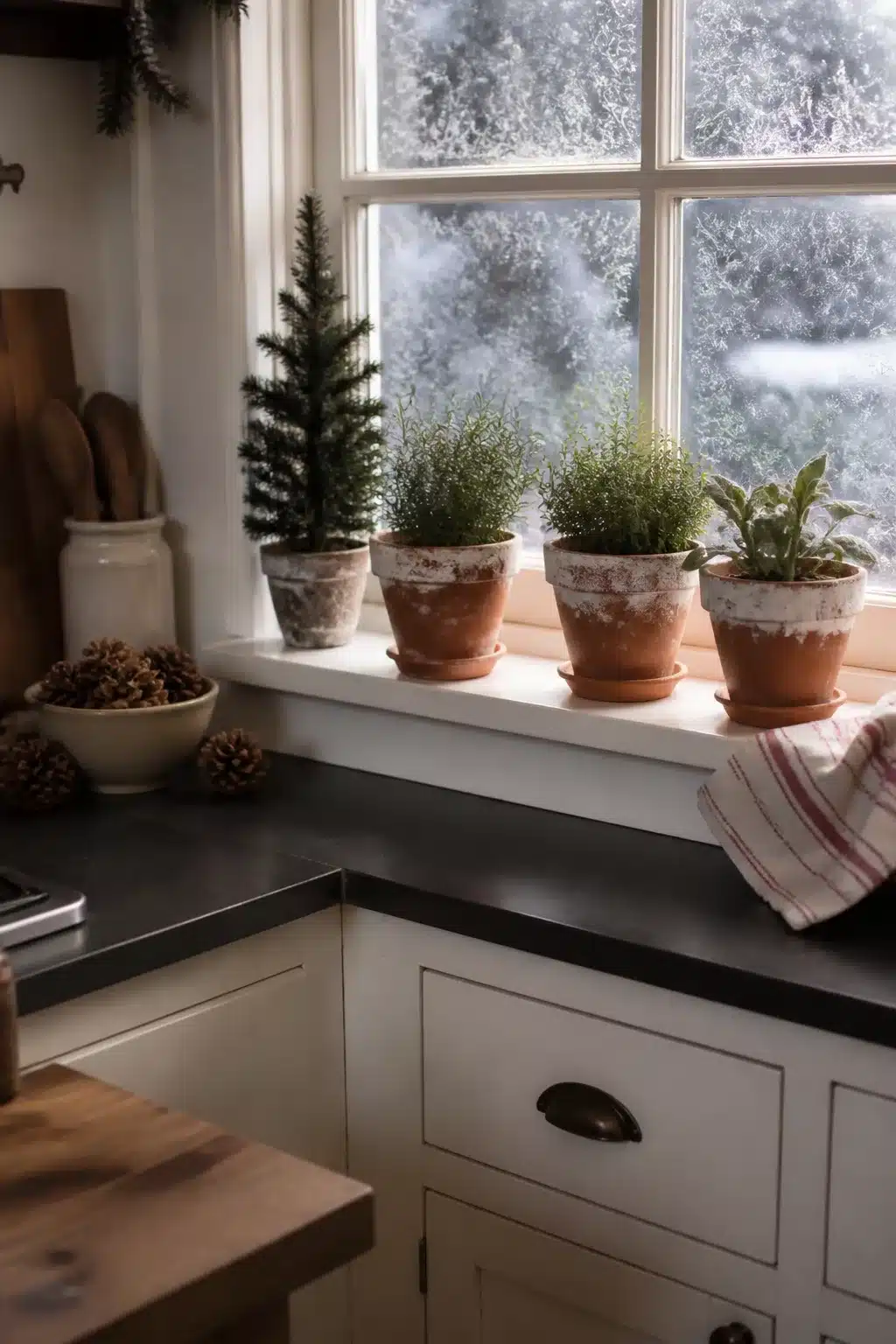 Aged terracotta herb pots on a kitchen windowsill — winter kitchen decor ideas with rosemary, sage, and pine.