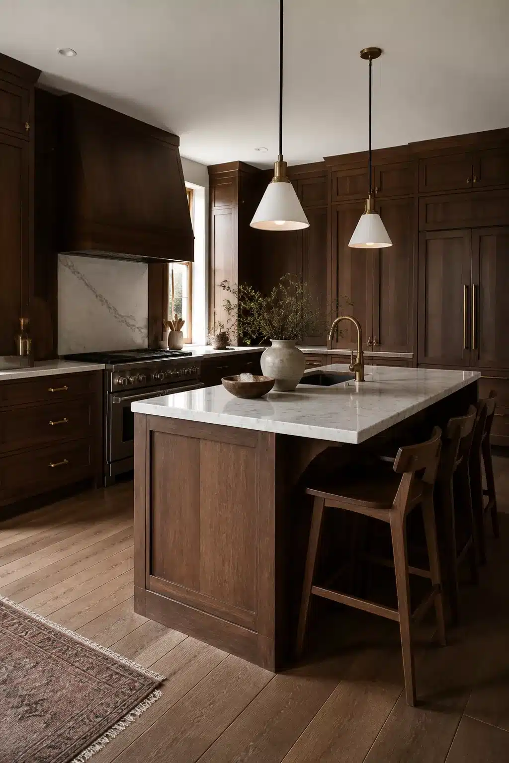 Dark walnut floor-to-ceiling cabinetry with brass hardware and marble countertops — wood kitchen aesthetic ideas