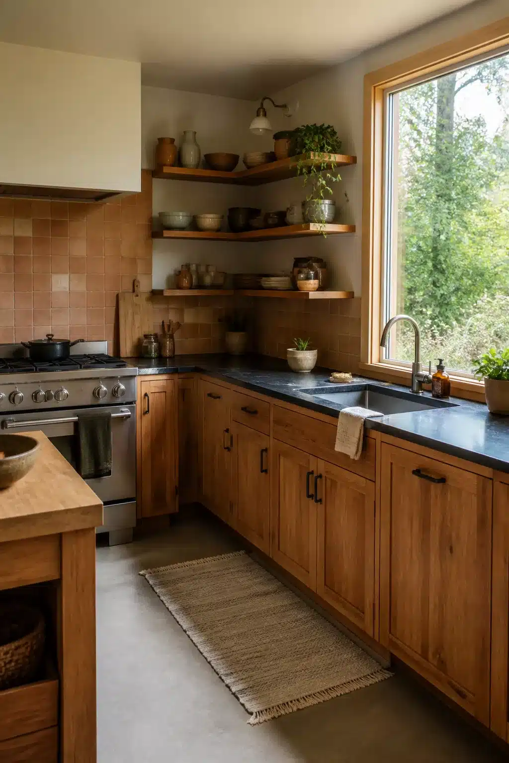 Teak shaker cabinets with terracotta tile backsplash — warm wood kitchen aesthetic ideas with soapstone counters