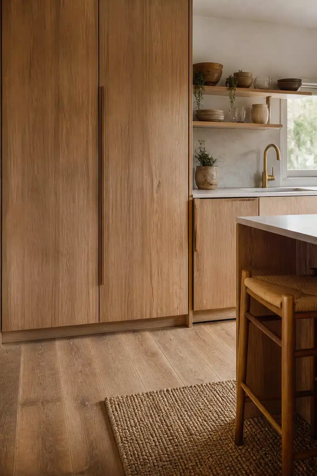 Wood kitchen aesthetic ideas with full-height oak appliance panels, brass faucet, open shelving, and rattan stool