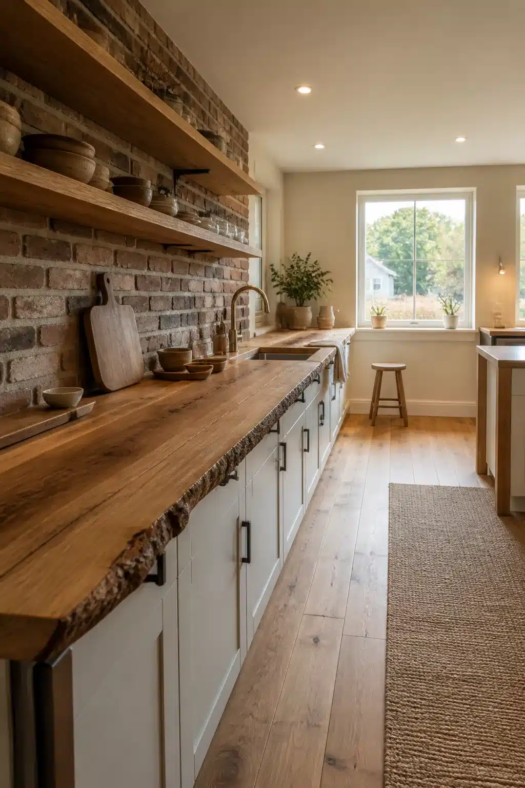 Live-edge wood countertop with exposed brick backsplash — wood kitchen aesthetic ideas for a natural, organic look