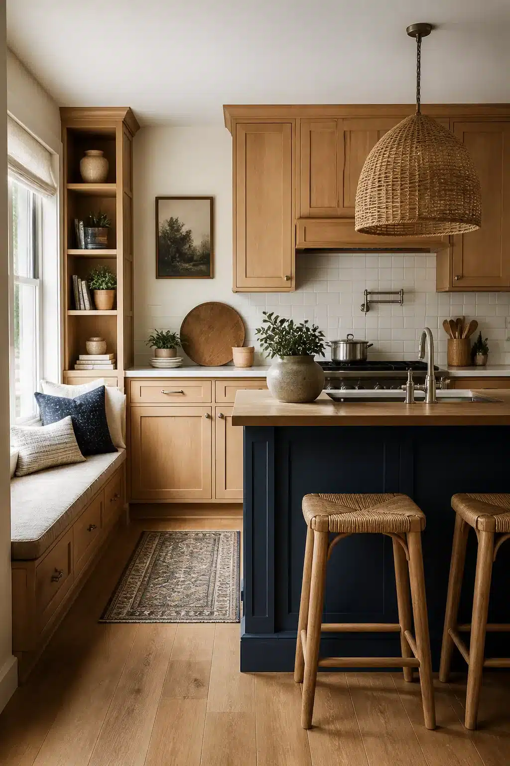 Light oak Shaker cabinets with navy blue island — natural wood kitchen aesthetic ideas with rattan accents