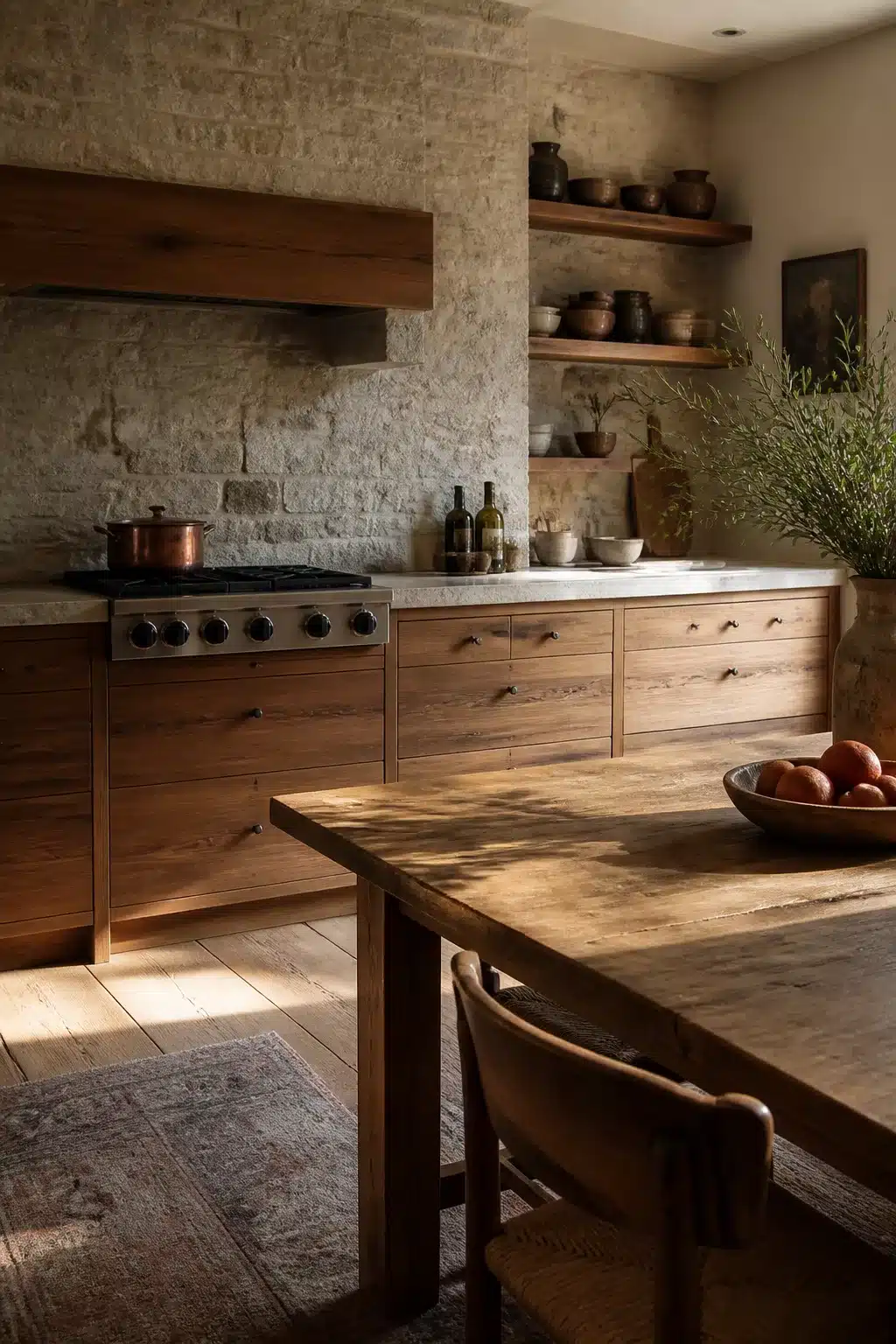 Wood kitchen aesthetic ideas with warm oak drawers, rough limestone stone wall, and open shelving in a cave-style kitchen.