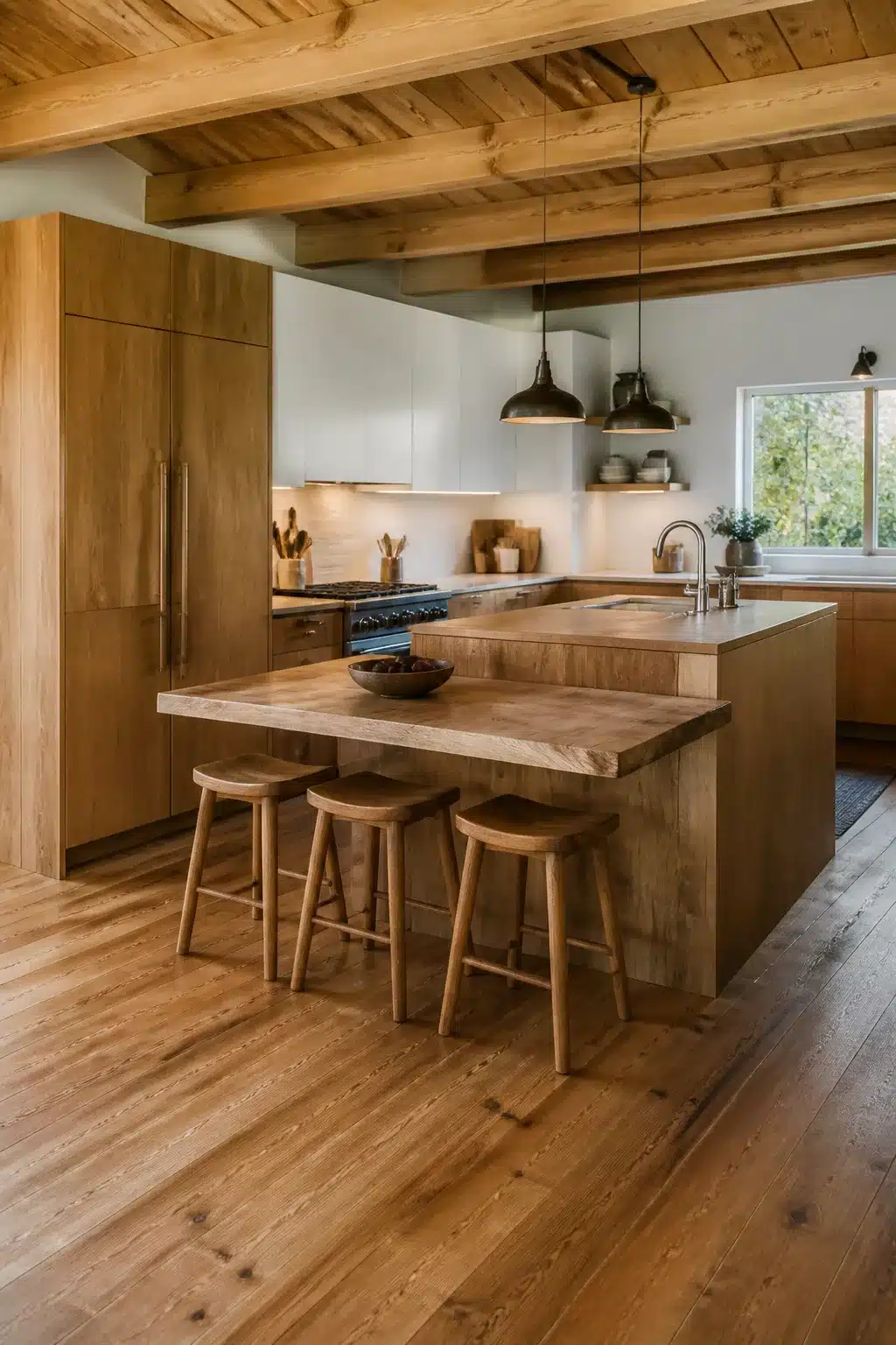 Wood kitchen aesthetic ideas with a thick floating breakfast bar, matching oak stools, and industrial black dome pendants