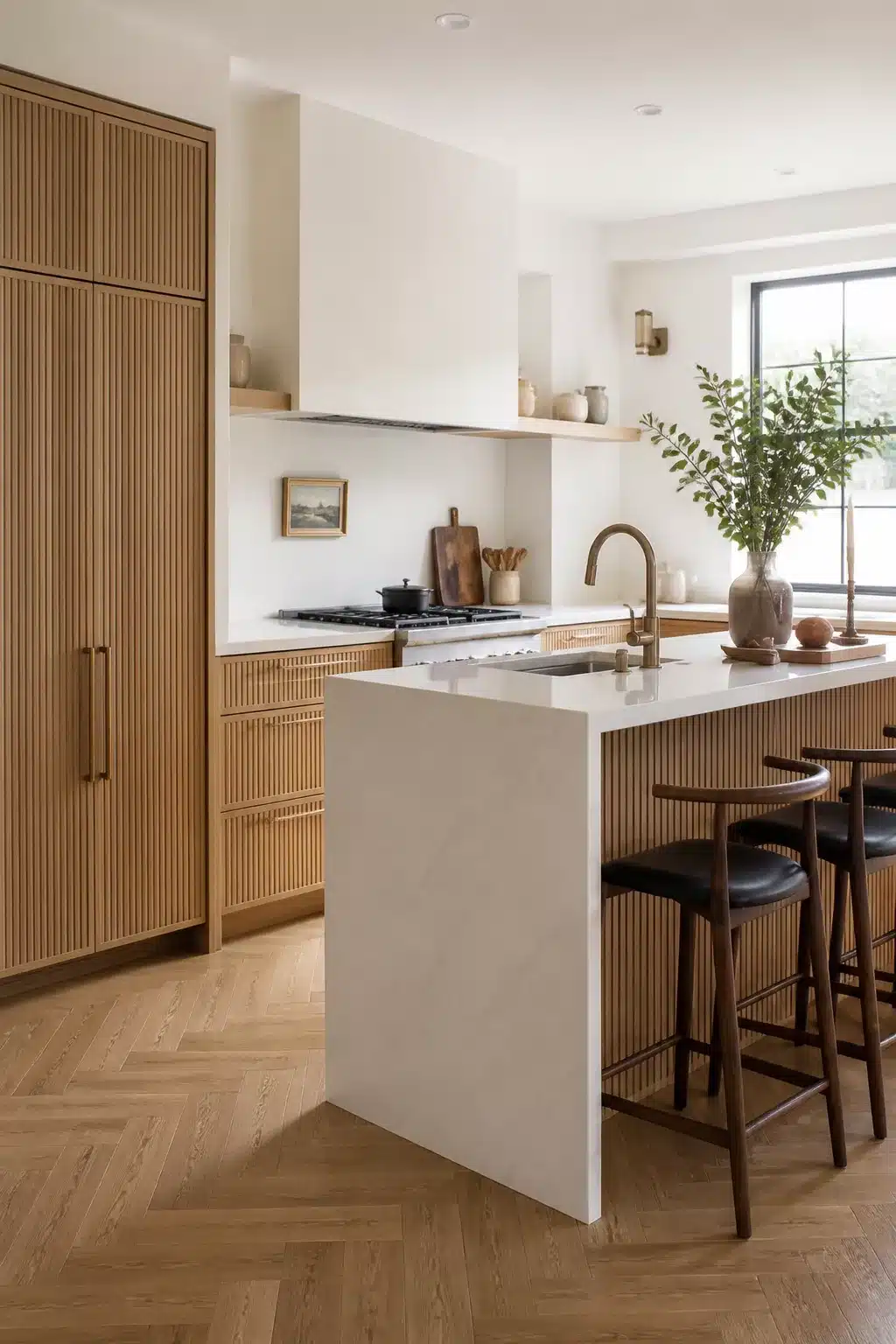Vertical wood slat cabinet kitchen with stone island and herringbone oak floor — wood kitchen aesthetic ideas