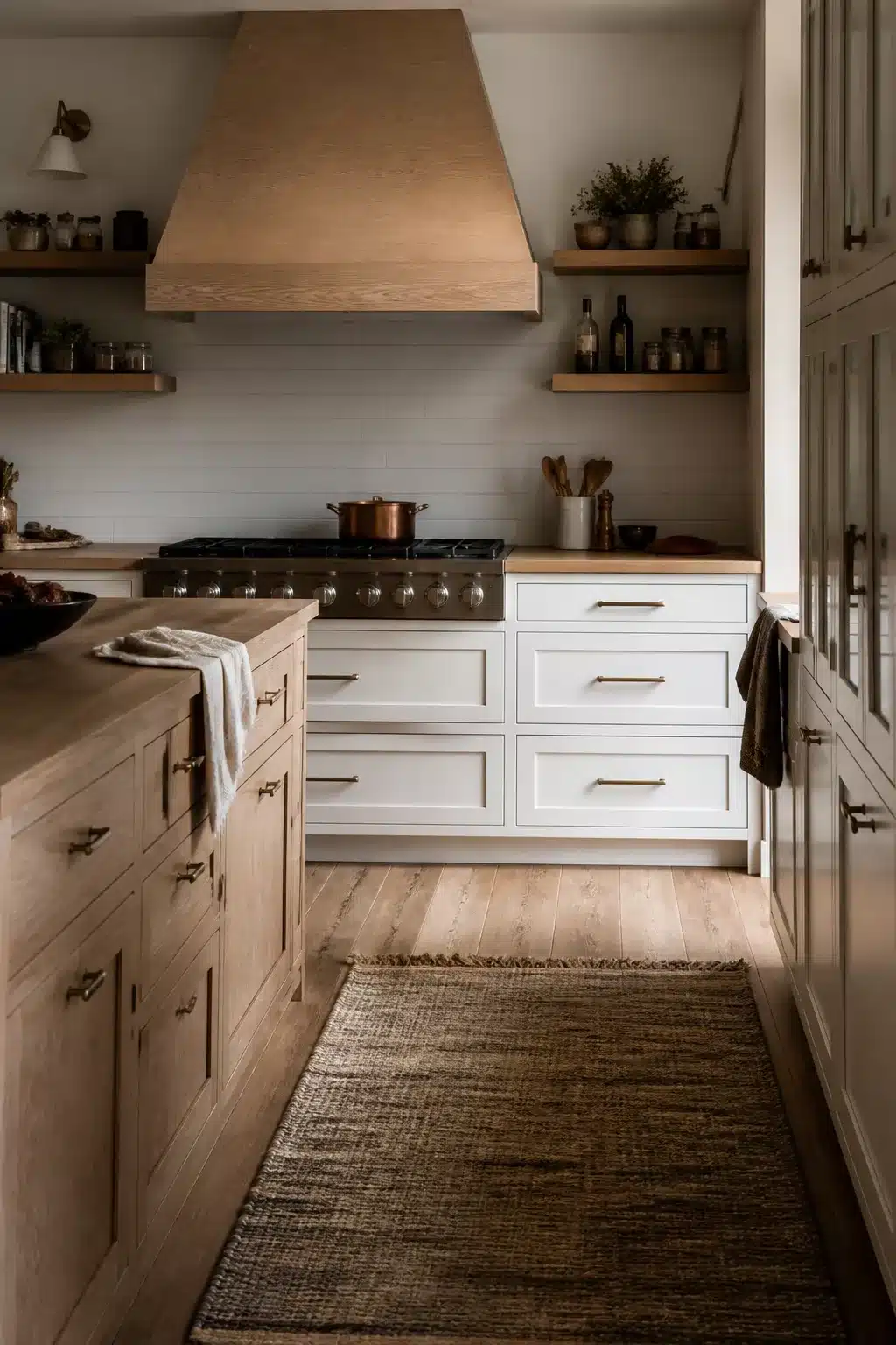 Wood kitchen aesthetic with a custom oak range hood, warm white shaker drawers, and open oak shelves
