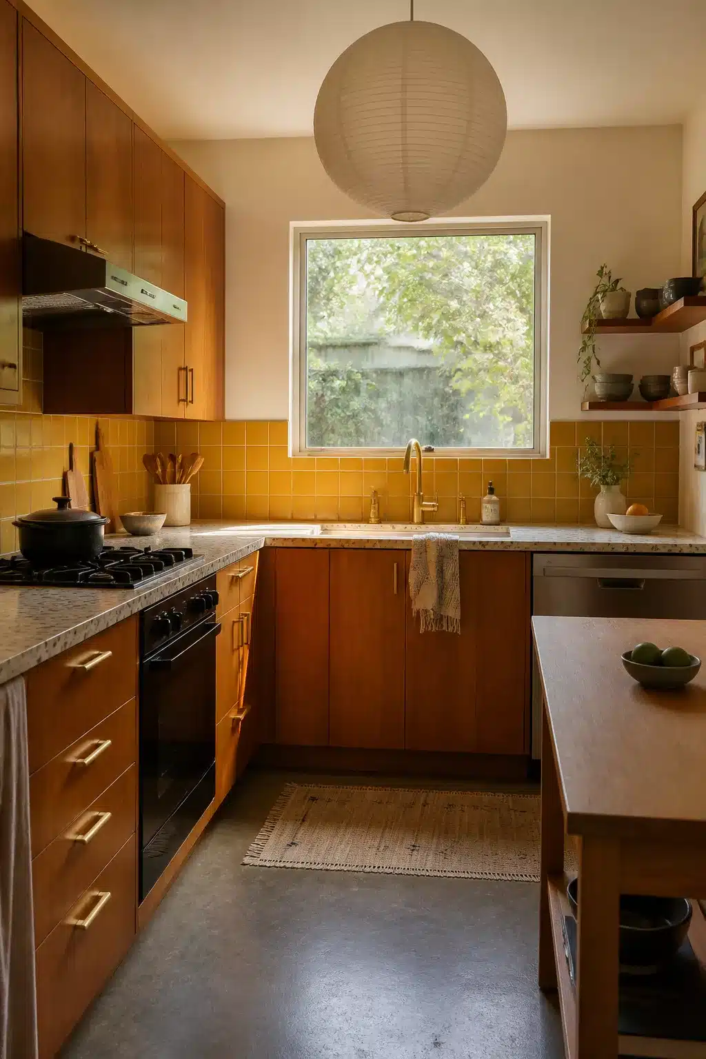 Mid-century teak kitchen with mustard tile backsplash and brass hardware — wood kitchen aesthetic ideas
