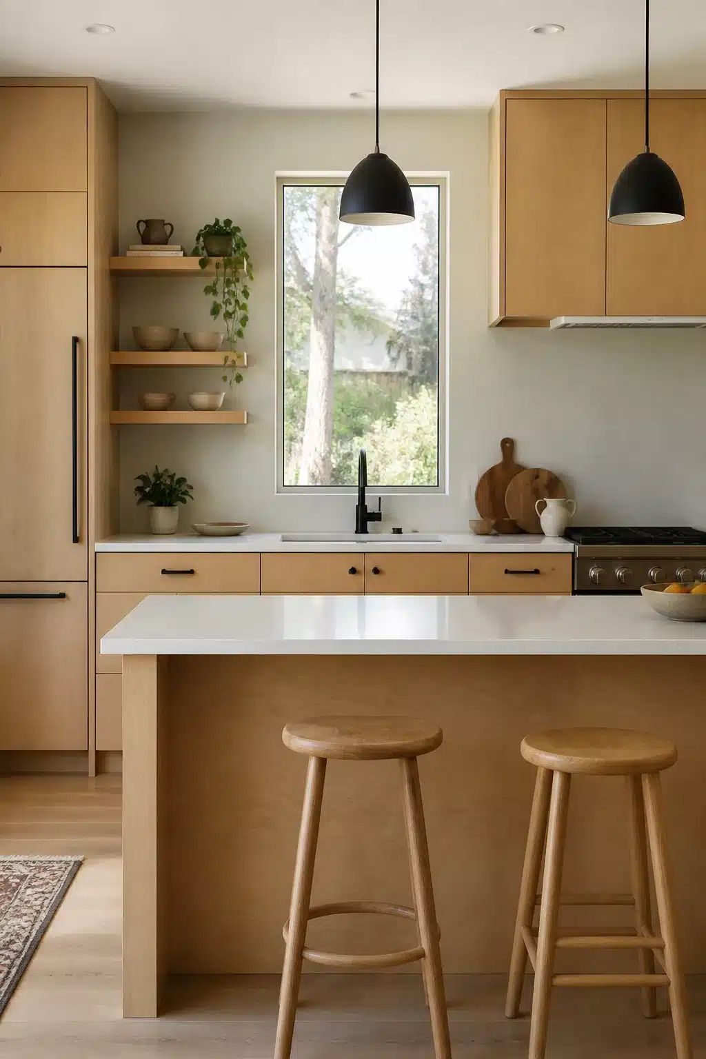 Pale birch flat-front cabinets with black pendant lights — natural wood kitchen aesthetic ideas for a minimalist Scandi space.