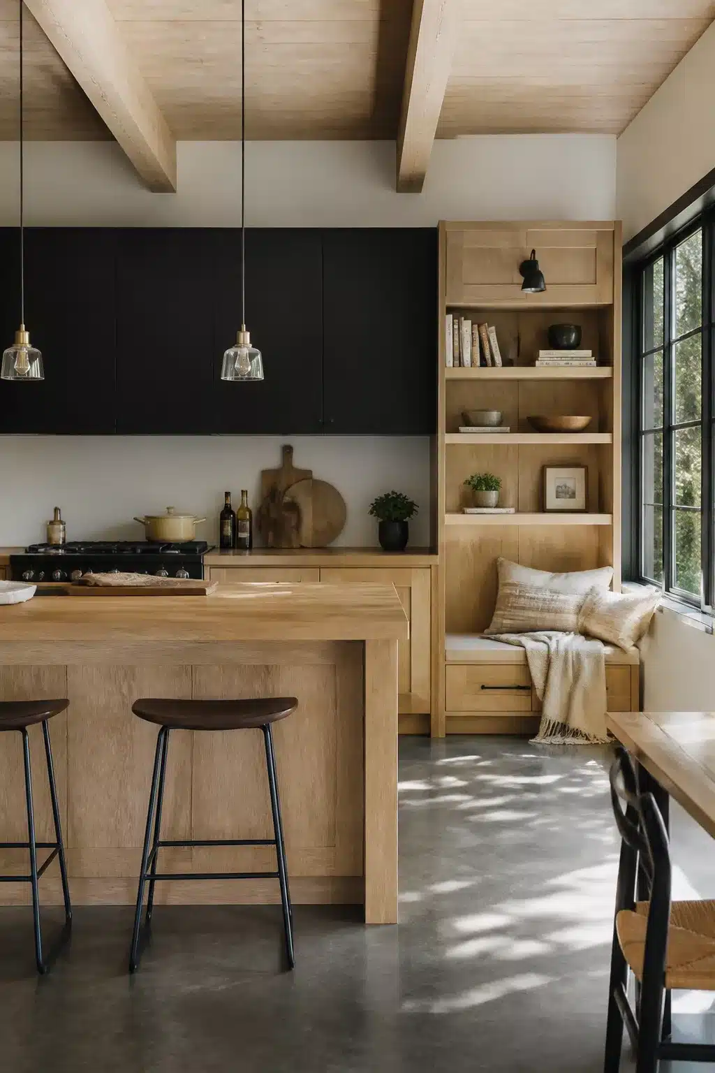 Matte black upper cabinets with light oak island and built-in bench — Wood Kitchen Aesthetic Ideas