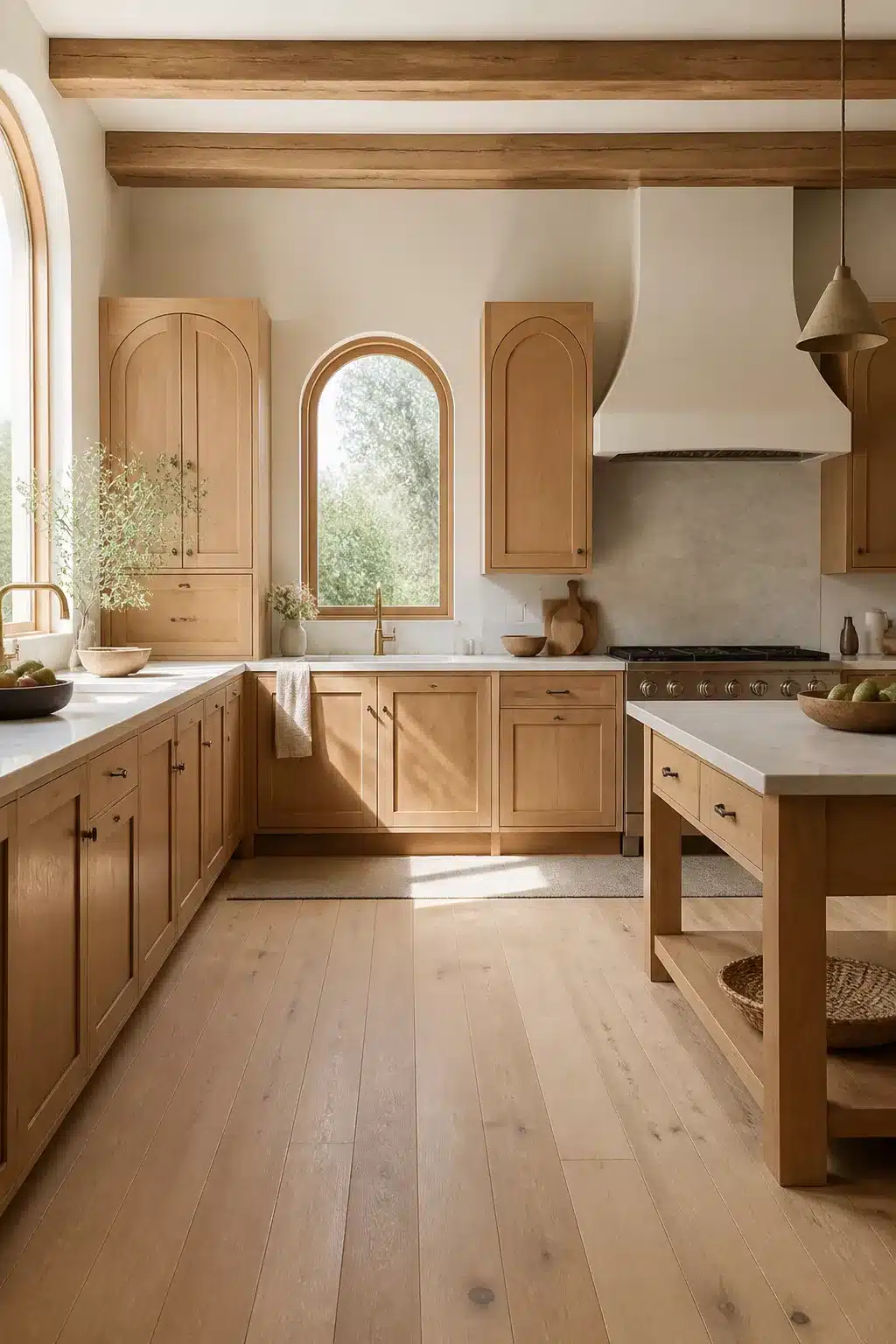 Natural wood kitchen aesthetic ideas with arched oak cabinet doors, stone range hood, and wide-plank light oak floors