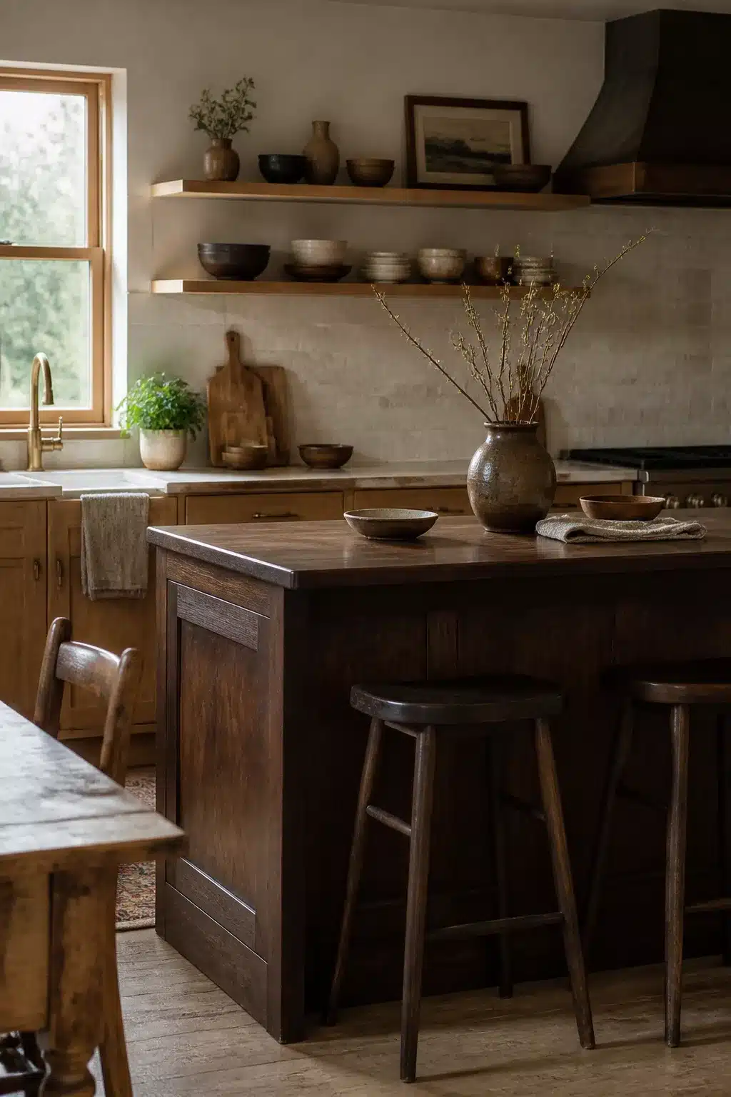 Dark wood island and warm oak cabinets with open shelves — mixed tone wood kitchen aesthetic ideas