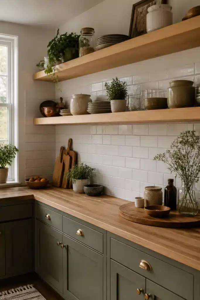 Sage green cabinets with open oak shelves and butcher block countertops — wood kitchen aesthetic ideas