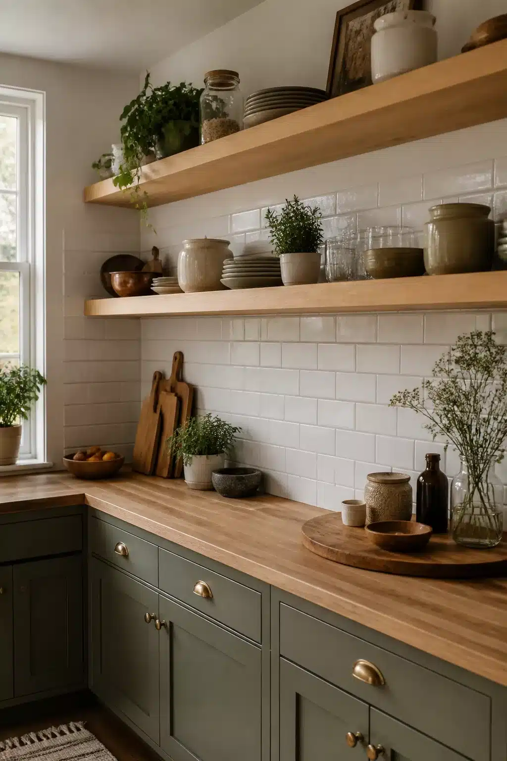 Sage green cabinets with open oak shelves and butcher block countertops — wood kitchen aesthetic ideas