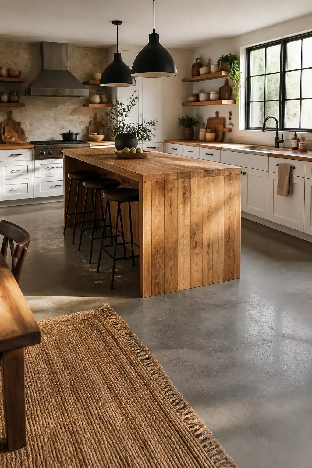 Wood kitchen aesthetic ideas featuring a solid oak waterfall island over polished concrete floors with black pendant lights.