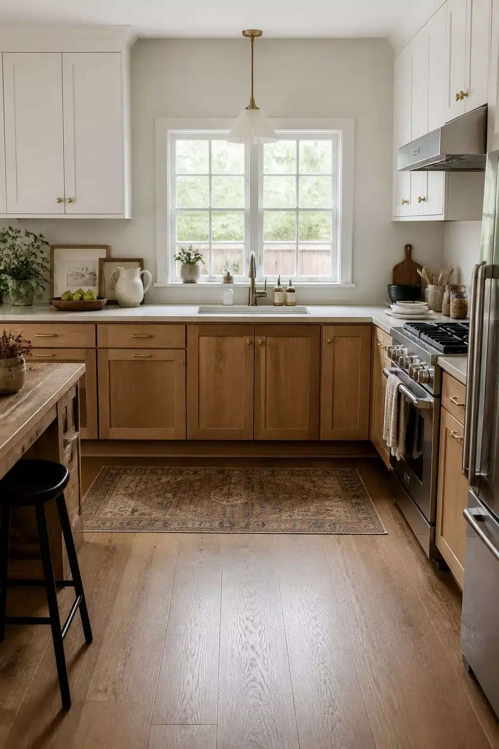 Two-tone white and natural oak kitchen cabinets with brass hardware — wood kitchen aesthetic ideas