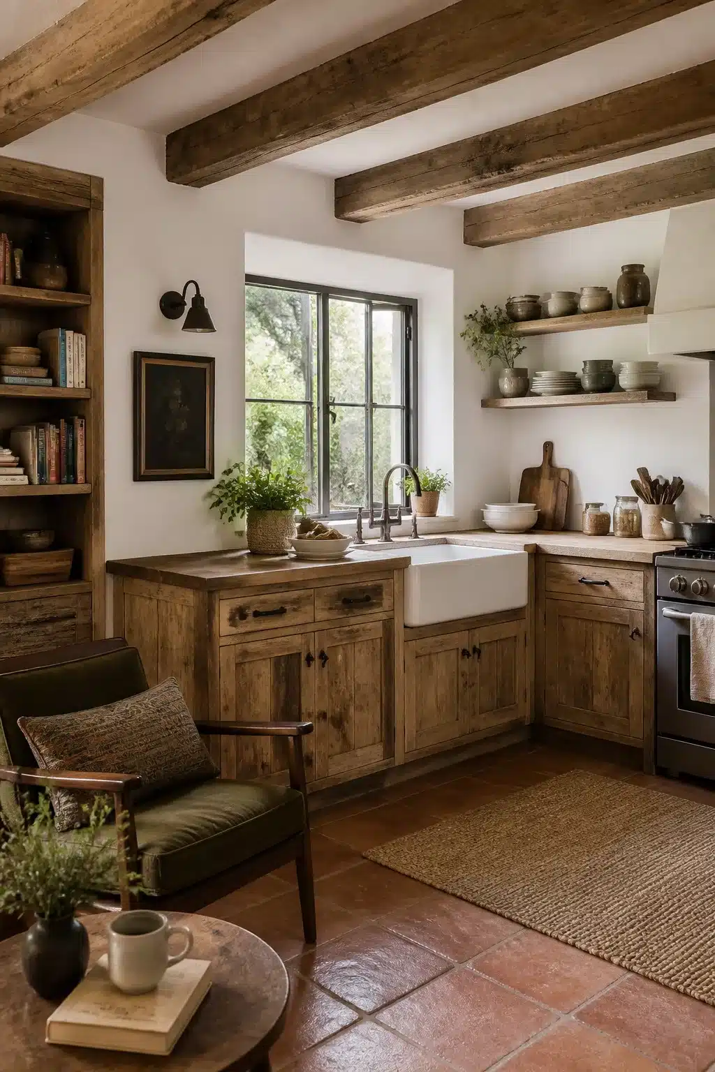 Rustic wood kitchen aesthetic ideas with reclaimed beam ceiling, distressed cabinets, apron sink & terracotta tiles