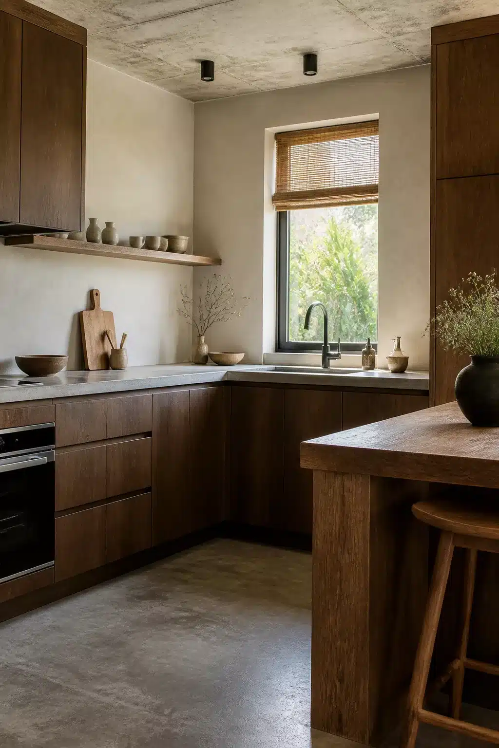 Japandi wood kitchen aesthetic ideas with dark oak flat-front cabinets, concrete ceiling, and bamboo shade