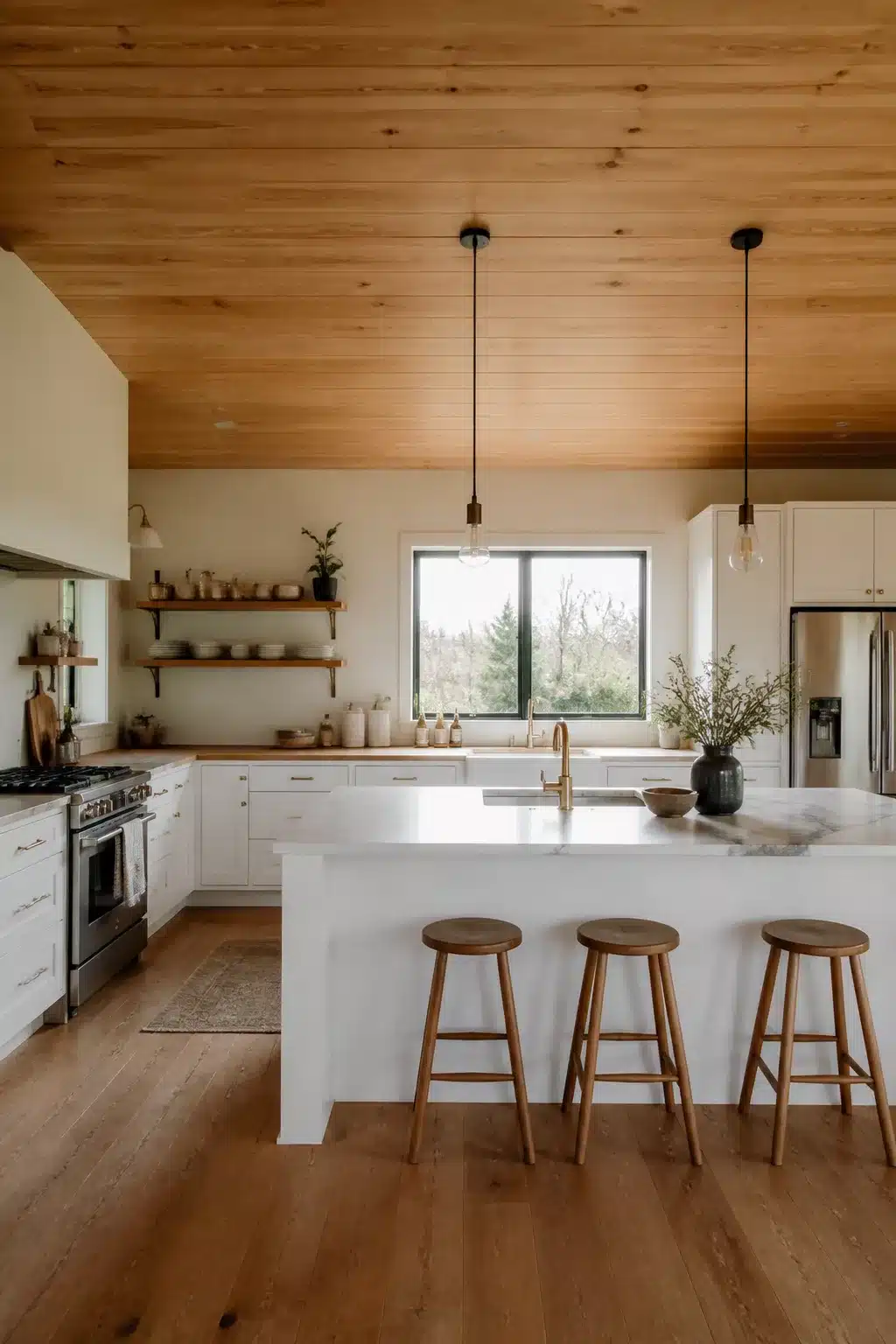 Wood kitchen aesthetic with tongue-and-groove plank ceiling, white cabinets, quartz island, and warm oak floors