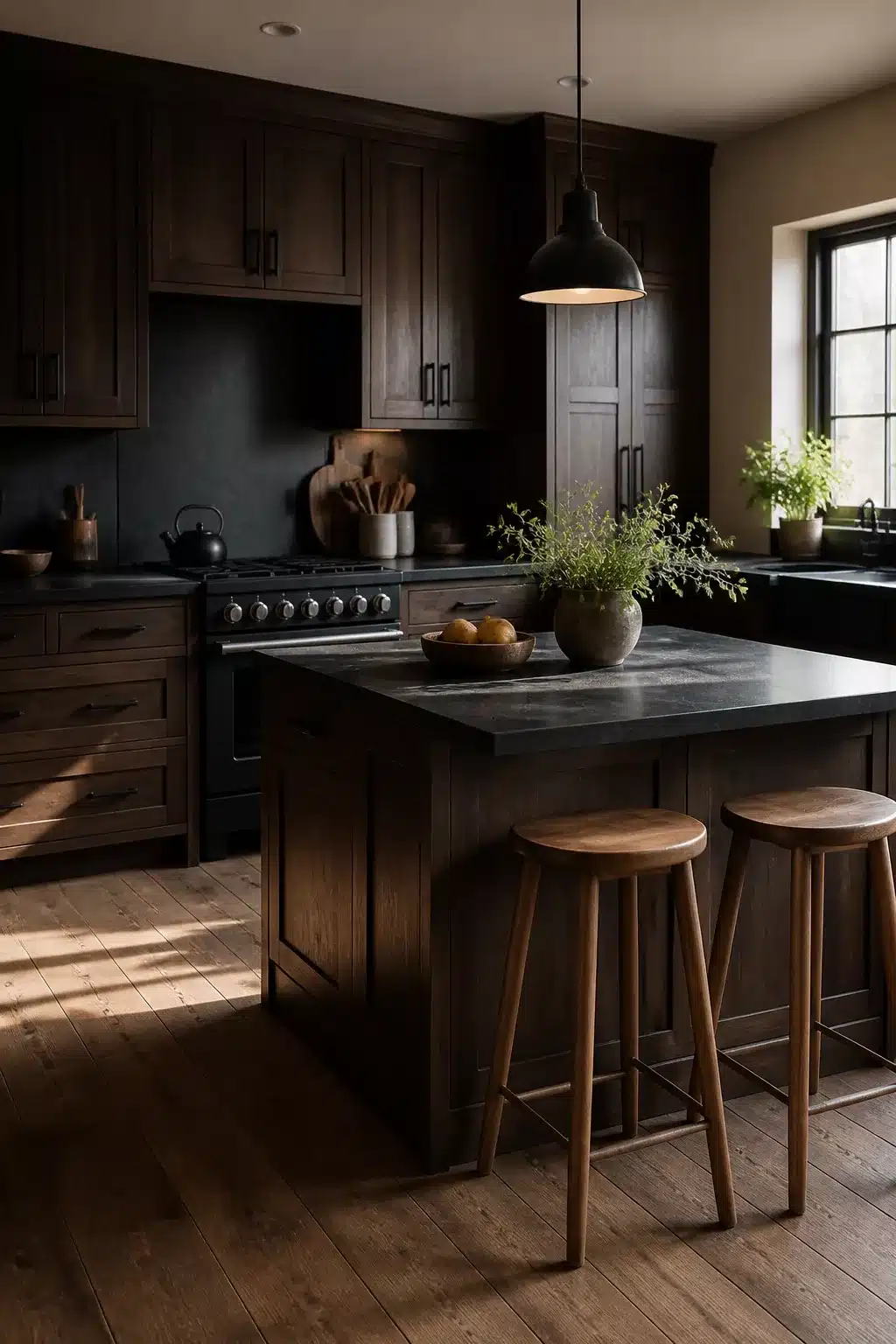Dark stained oak kitchen with matte black hardware and stone island — wood kitchen aesthetic ideas