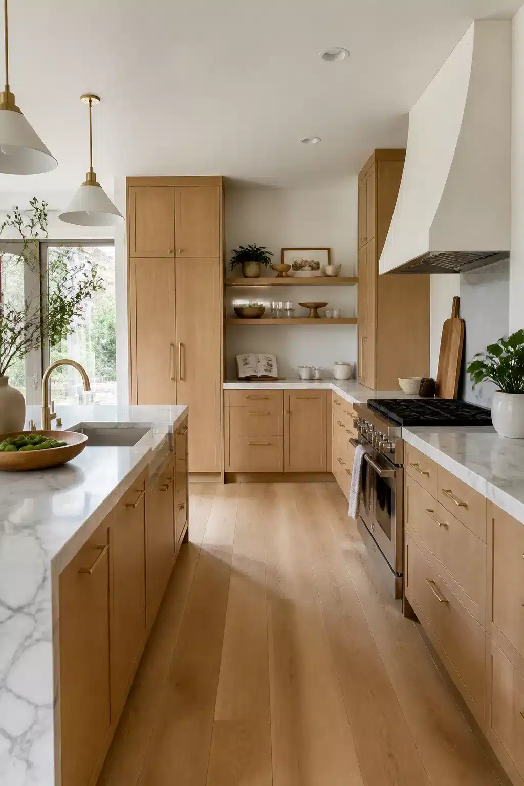 Light oak wood kitchen cabinets with white Carrara marble countertops, brass hardware, and open shelving