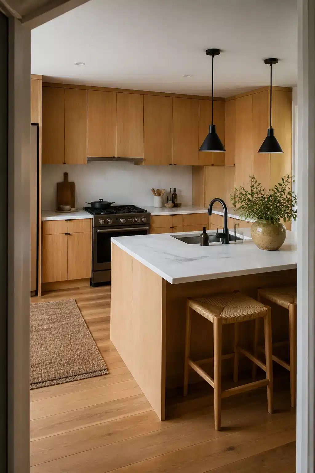 Bamboo wood kitchen cabinets with white marble countertops, black pendants, and island sink in a warm modern kitchen