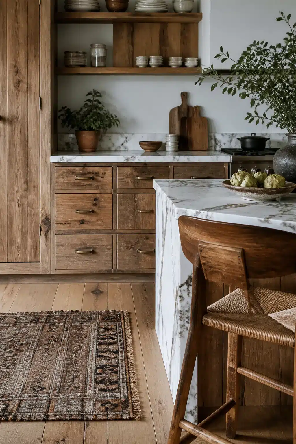 Reclaimed wood kitchen cabinets with veined white marble countertops, open shelving, and a marble island with barstools.