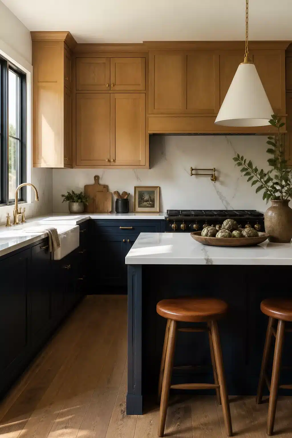 Navy and oak wood kitchen cabinets with white marble countertops, brass fixtures, and a black range