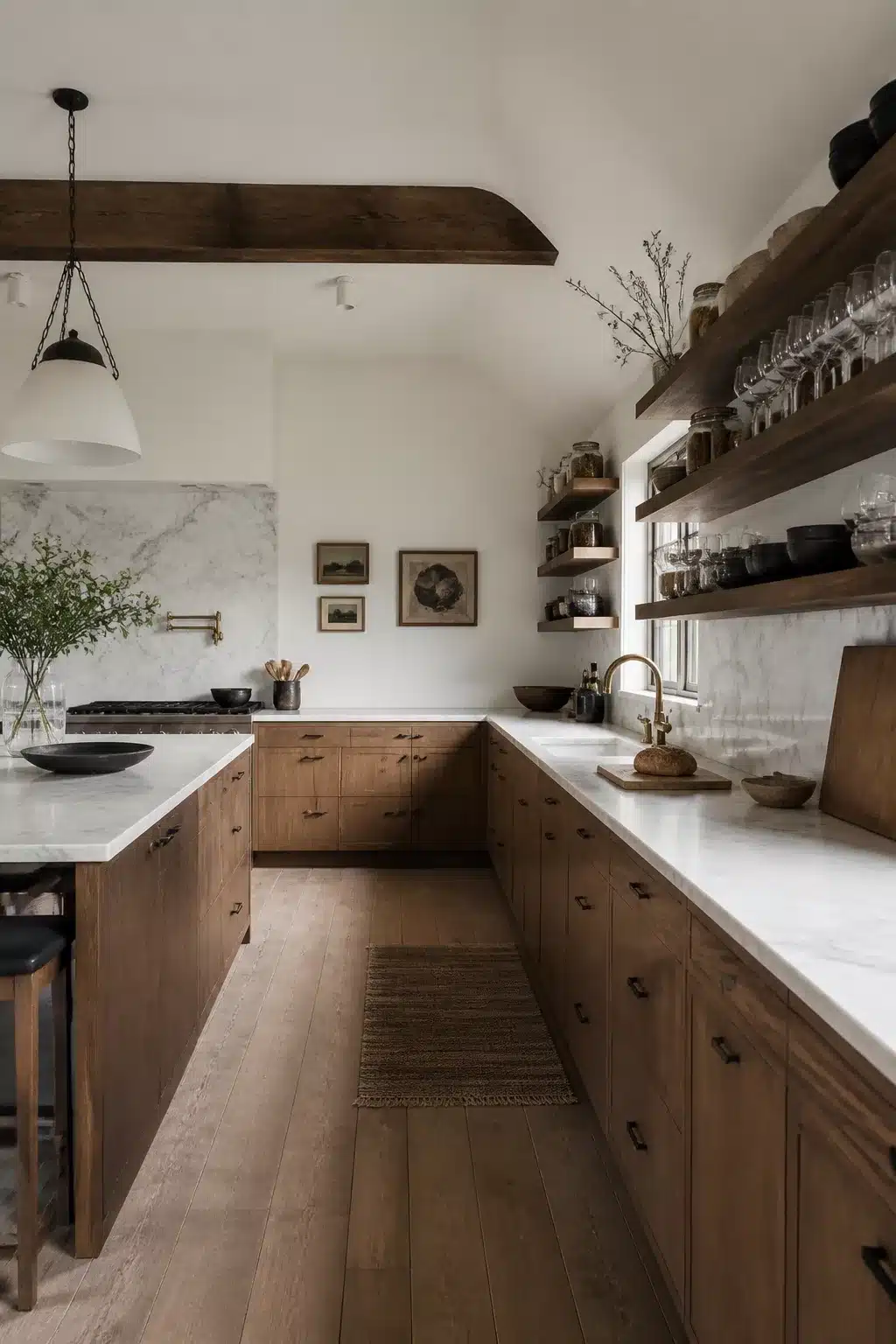 Walnut wood kitchen cabinets with white marble countertops and open wood shelving, brass fixtures, and exposed ceiling beam.